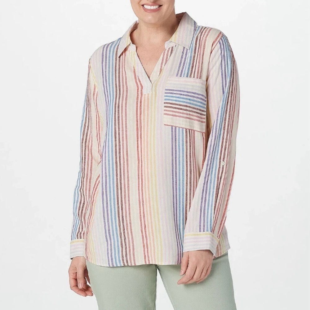 Denim & Co. Naturals Linen Blend Striped Roll Tab Tunic Top Collared V Neck L